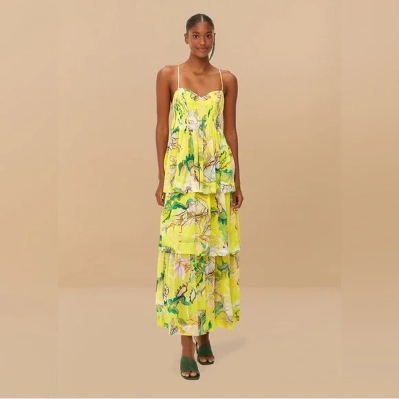 FARM Rio Dresses & Skirts - FARM Rio Neon Yellow Floral Tiered Maxi Dress